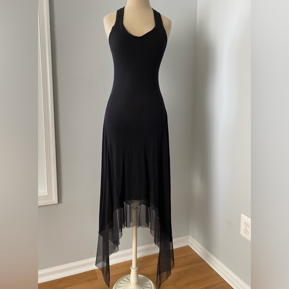 BCBG handkerchief hem black knit maxi dress